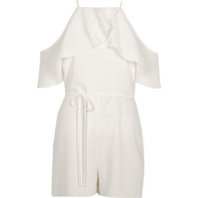 River Island Womens White Frill Cold Shoulder Tie Waist Romper