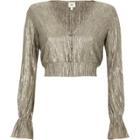 River Island Womens Gold Metallic Plisse Long Sleeve Crop Top