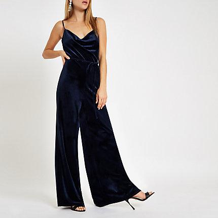 River Island Womens Velvet Cowl Neck Wide Leg Jumpsuit