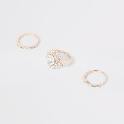 River Island Womens Rose Gold Colour Diamante Ring Multipack