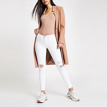 River Island Womens White Ri Molly Mid Rise Ripped Jeggings