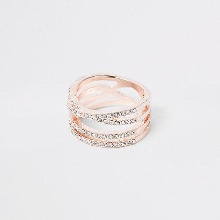River Island Womens Rose Gold Color Rhinestone Double Kiss Ring