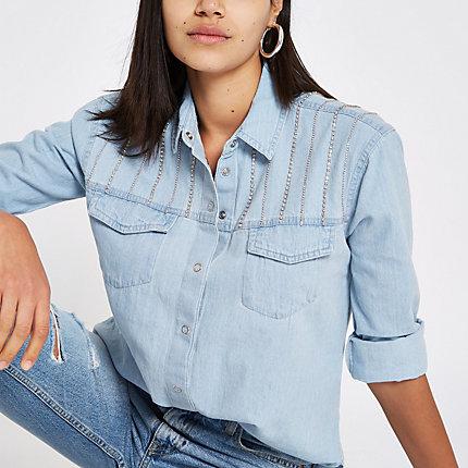River Island Womens Diamante Chain Mail Denim Shirt