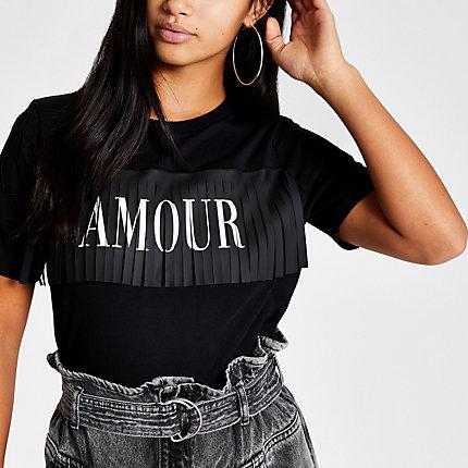 River Island Womens Petite 'amour' Fringe T-shirt
