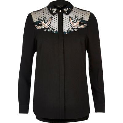 River Island Womens Swallow Embroidered Mesh Collar Shirt