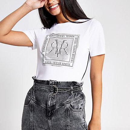 River Island Womens White Rvr Foil Print Fitted T-shirt