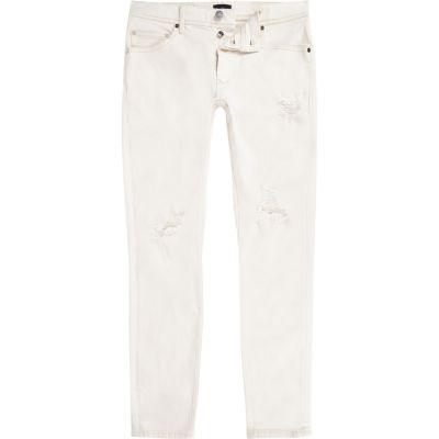 River Island Mens White Skinny Fit Taped Ripped Jeans