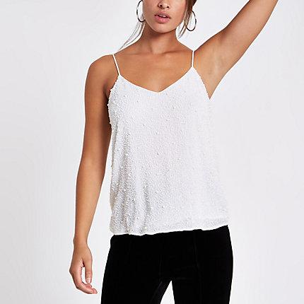 River Island Womens White Crepe Pearl Embellished Cami Top