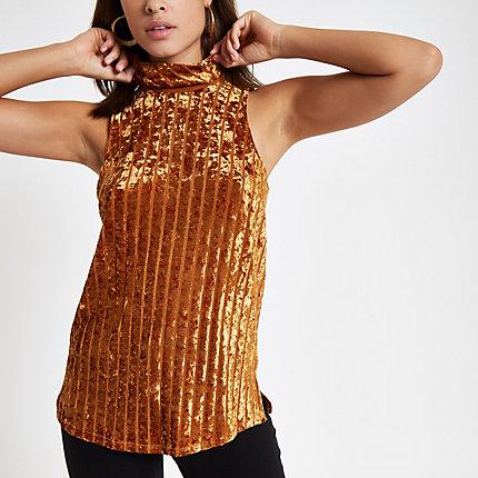 River Island Womens Rust Velvet Roll Neck Sleeveless Top