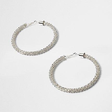 River Island Womens Silver Tone Rhinestone Rope Hoop Earrings