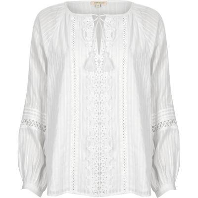 River Island Womens White Crochet Lace Tassel Tie Neck Smock Top