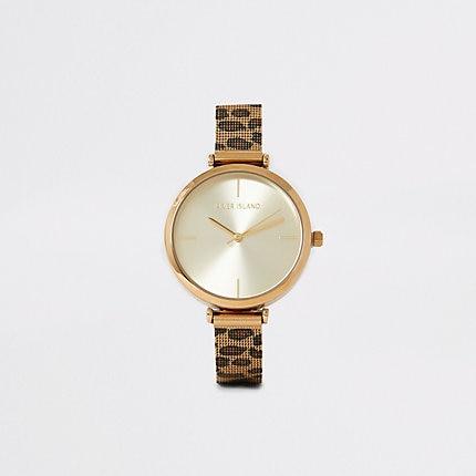 River Island Womens Gold Colour Leopard Print Mesh Strap Watch