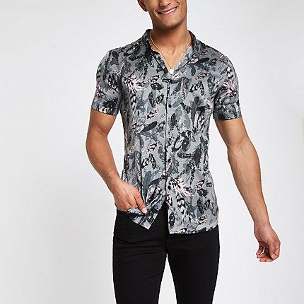 River Island Mens Satin Feather Print Button-up Shirt