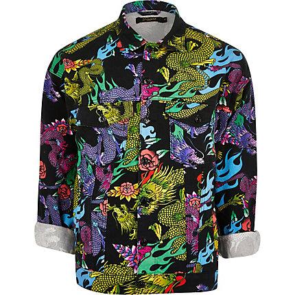 River Island Mens Jaded Dragon Print Denim Jacket
