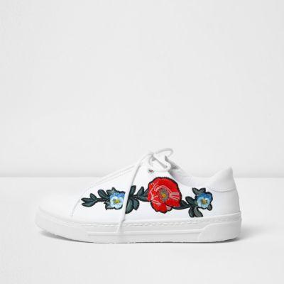River Island Womens White Embroidered Lace Up Sneakers