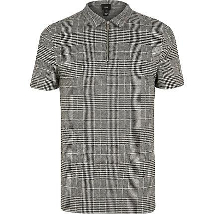 River Island Mens Check Print Zip Neck Polo Shirt