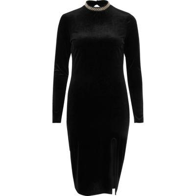 River Island Womens Velvet Thigh Split Embellished Dress