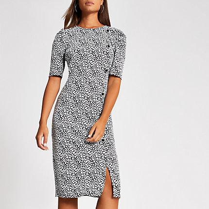 River Island Womens White Jacquard Short Puff Sleeve Midi Dress
