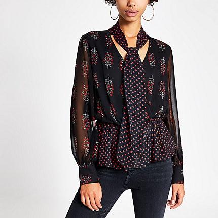 River Island Womens Floral Tie Neck Long Sleeve Blouse