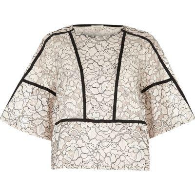 River Island Womens White Lace Floral Flared Sleeve Top