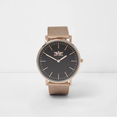 River Island Mens Rose Gold Tone Mesh Strap Flat Face Watch