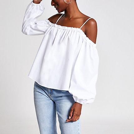 River Island Womens White Bardot Ruffle Sleeve Top
