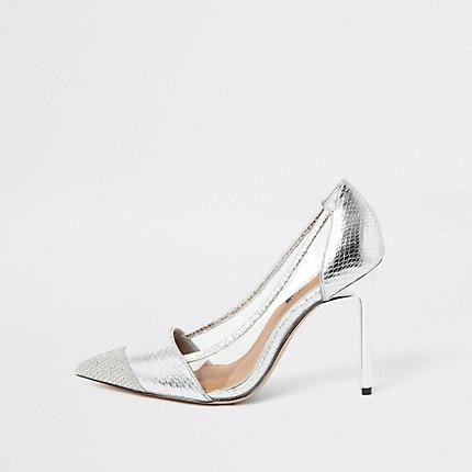 River Island Womens Silver Embossed Perspex Heeled Court Shoe