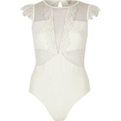 River Island Womens White Dobby Mesh And Lace Cap Sleeve Bodysuit