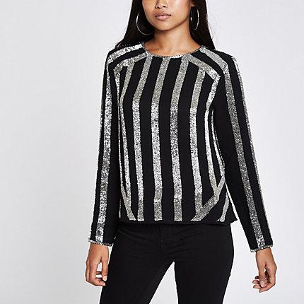 River Island Womens Petite Stripe Sequin Long Sleeve Top