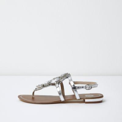 River Island Womens Silver Metallic Embellished Flat Sandals