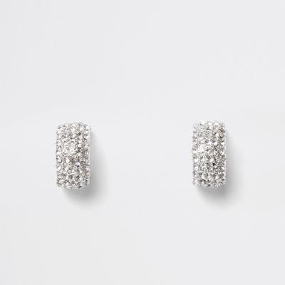 River Island Womens Silver Tone Diamante Pave Small Hoop Earrings