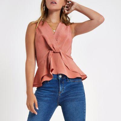 River Island Womens Petite Copper Twist Front Frill Hem Top