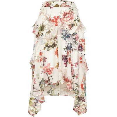 River Island Womens White Floral Print Frill Midi Skirt