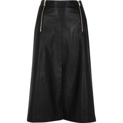 River Island Womens Leather Look Zip Detail Midi Skirt