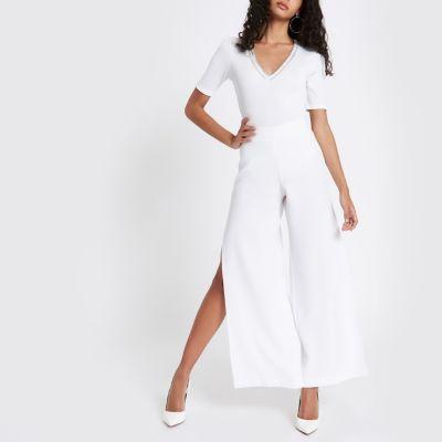 River Island Womens White Rib Rhinestone Embellished Bodysuit