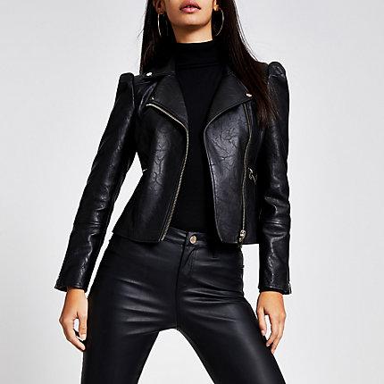 River Island Womens Faux Leather Puff Sleeve Biker Jacket