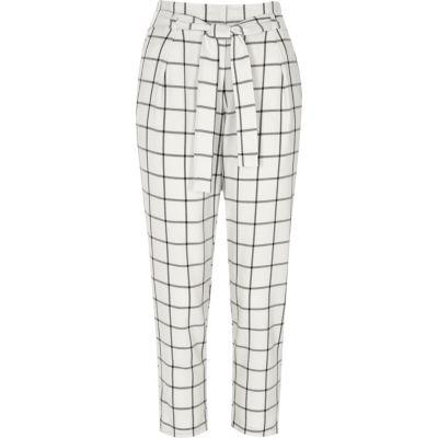River Island Womens White Check Tie Waist Tapered Trousers