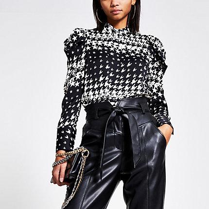 River Island Womens Dogtooth Check Long Puff Sleeve Blouse