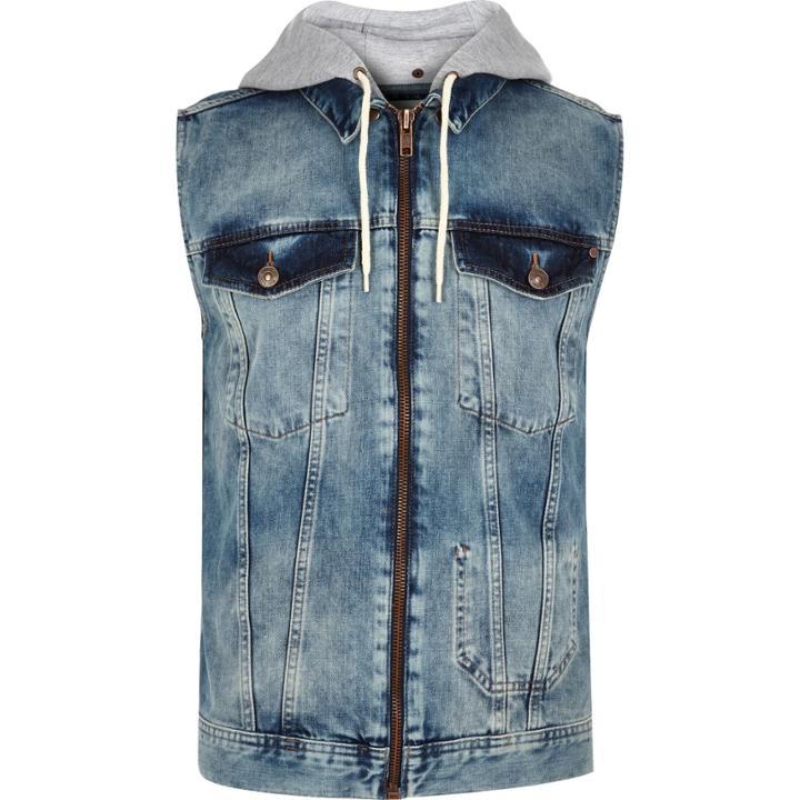 River Island Mensdenim Casual Hoodie Sleeveless Jacket