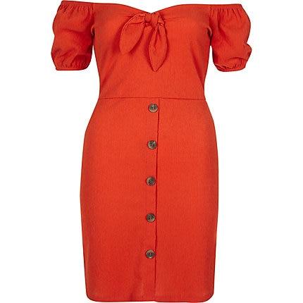 River Island Womens Petite Bardot Knot Front Mini Dress