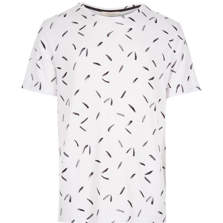 River Island Menswhite Micro Feather Print T-shirt