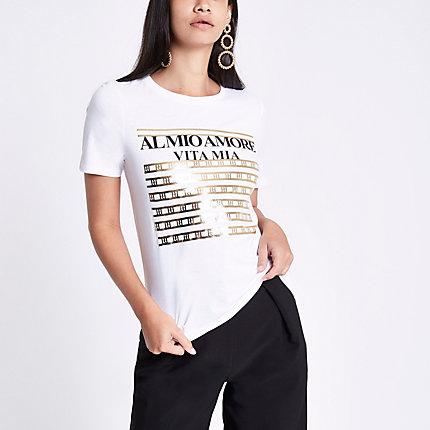 River Island Womens White Gold Foil Front Print T-shirt