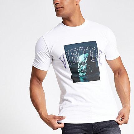 River Island Mens White Embellished Printed T-shirt