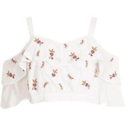 River Island Womens White Embroidered Cold Shoulder Crop Top