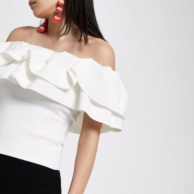 River Island Womens White Frill Bardot Fitted Crop Top