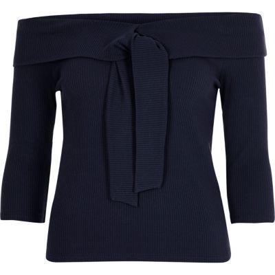 River Island Womens Rib Tie Front Bardot Top