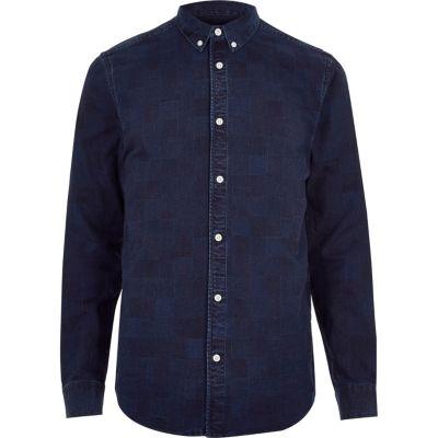 River Island Mens Wash Check Denim Shirt
