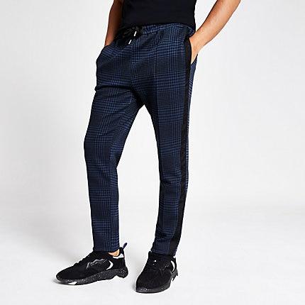 River Island Mens Check Print Tape Joggers