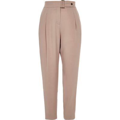 River Island Womens Petite Blush Belted Tapered Trousers