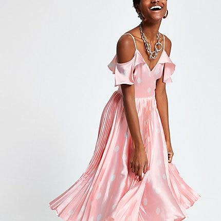 River Island Womens Spot Cold Shoulder Pleated Swing Dress